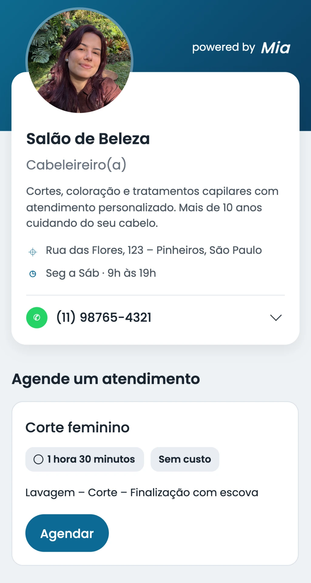 Mockup do link Mia mostrando o perfil de um salão de beleza e a opção de agendar um atendimento